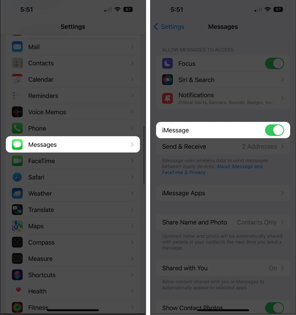 Tap Messages, enable iMessages