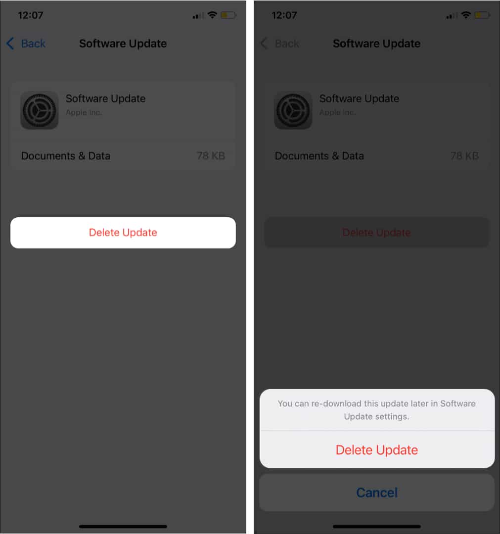 Tap on Delete Update to remove iOS from iPhone