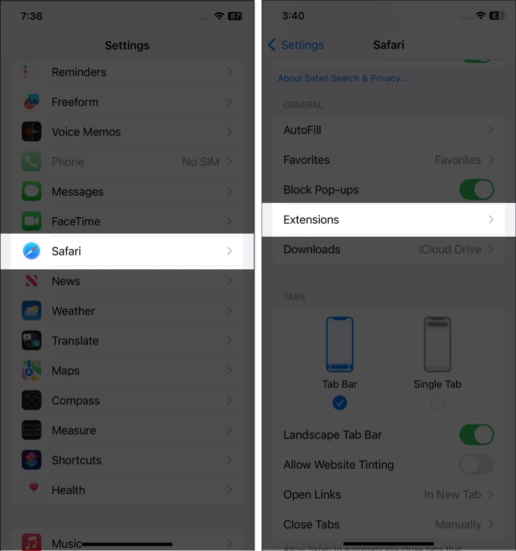 Tap on Extensions in Safari on iPhone