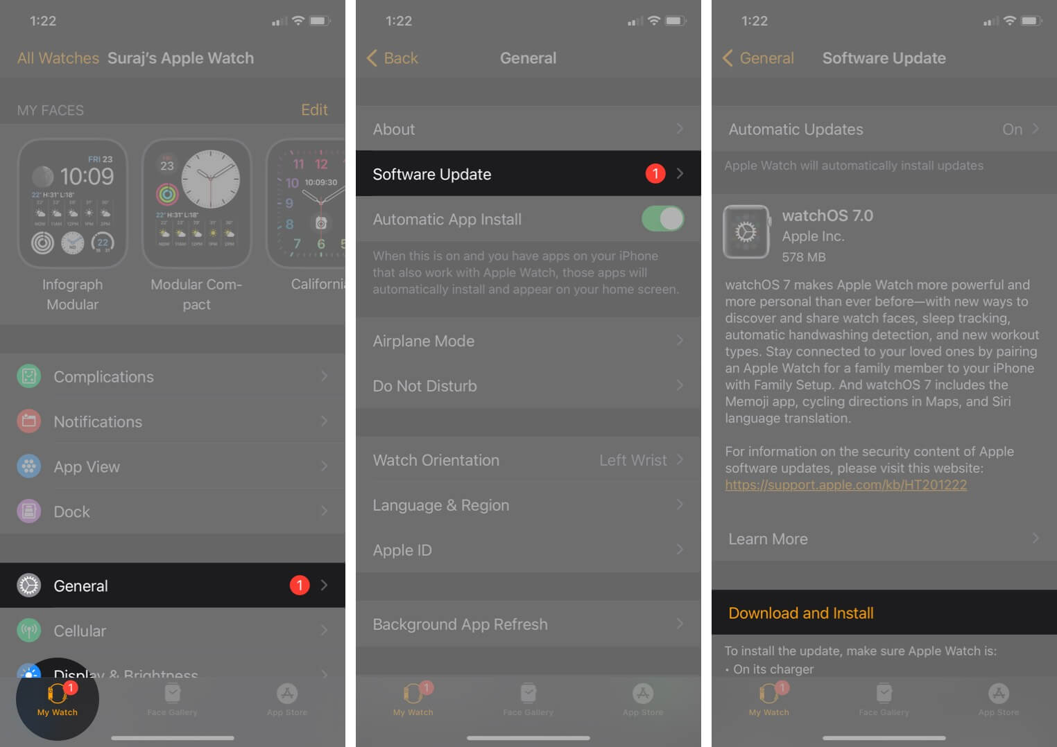 tap on general in my watch tab and tap on software updated then tap on download and install on iphone