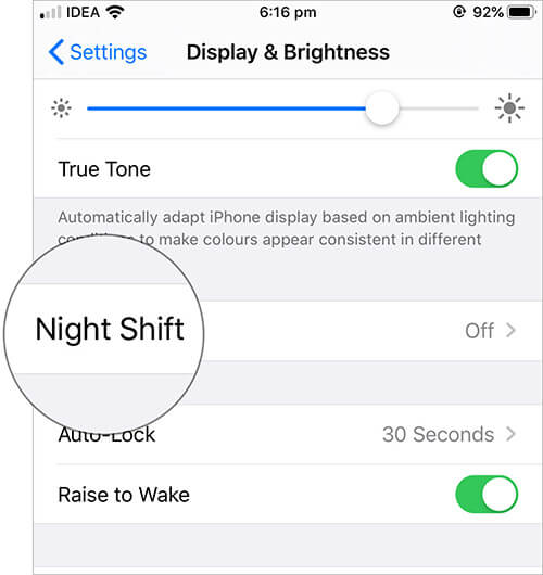 Tap on Night Shift in iPhone Display and Brightness Settings