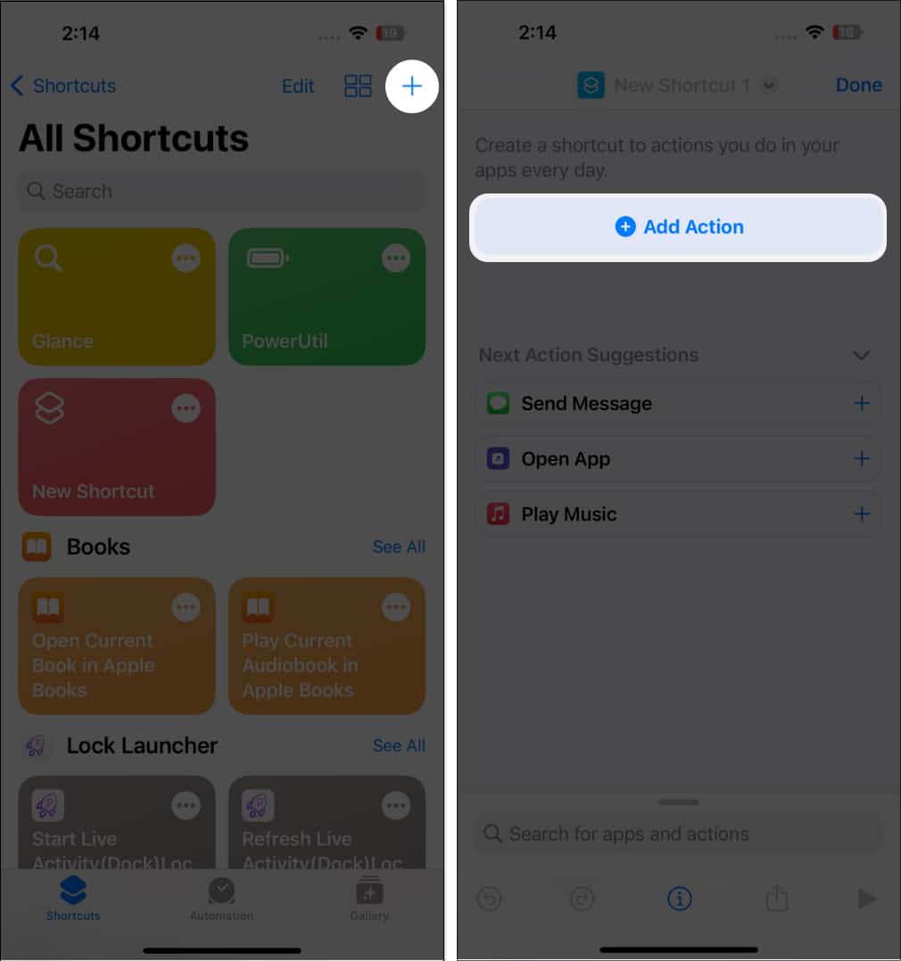 Tap on Plus and Add Action in Shortcuts app