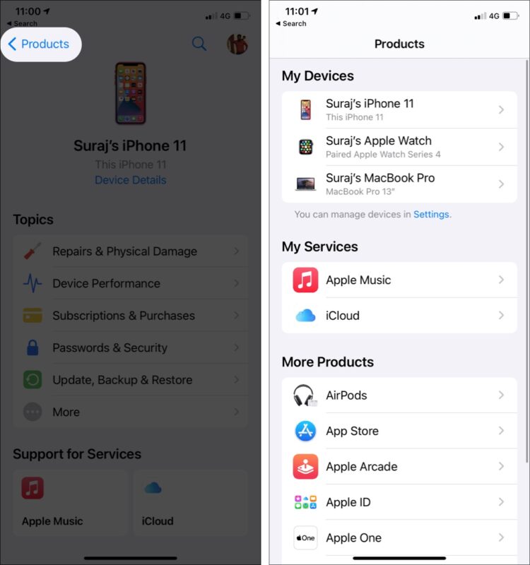 Tap on products back button to see all your registered apple devices 750x800 1 Tap on Products Back button to see all your registered Apple devices