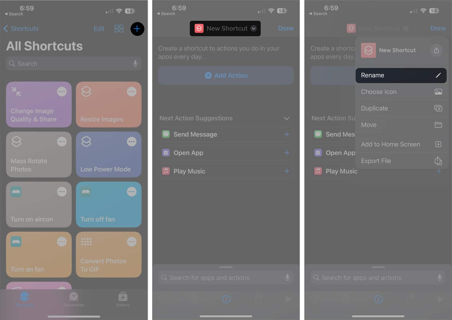 tap plus sign, select new shortcut, tap rename in shortcuts