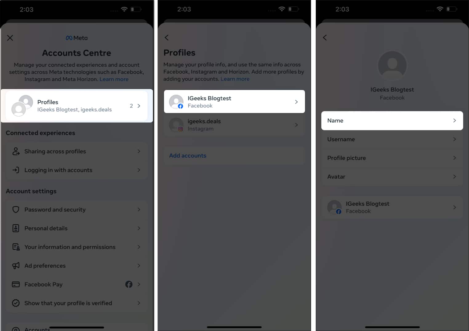 Tap Profiles, Select desired profile, Name