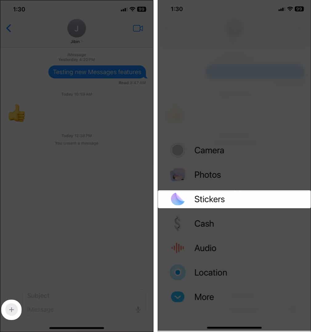tap + sign, select Stickers in iMessage