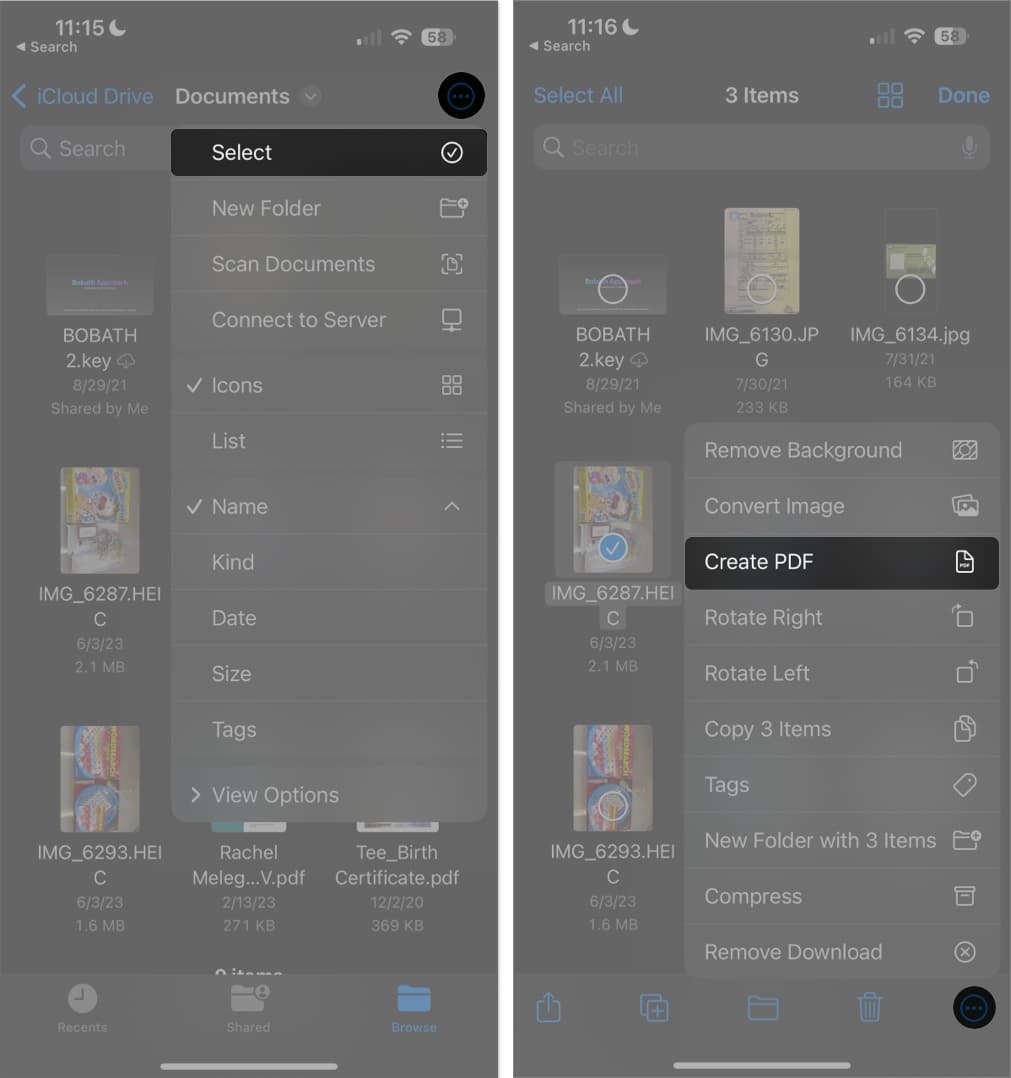 tap three dots icon, tap select, choose photos, tap more, select create pdf in files