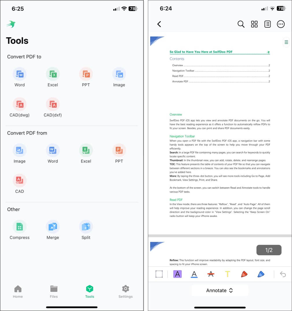 Tools used to edit pdfs in swifdoo ios app Tools used to edit PDFs in SwifDoo iOS app