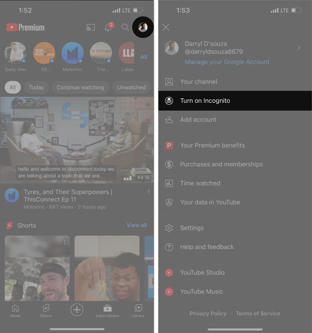 Turn-on-Incognito-Mode-in-YouTube-on-iPhone-open-youtube-app-tap-on-your-profile-select-the-Turn-on-Incognito-option-scaled