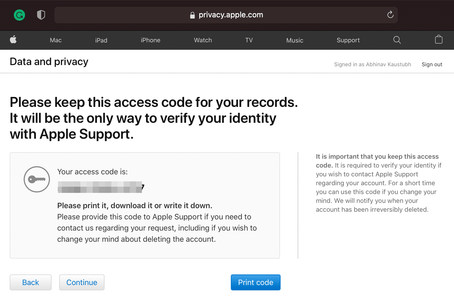 Copy or print the access code to delete Apple ID account